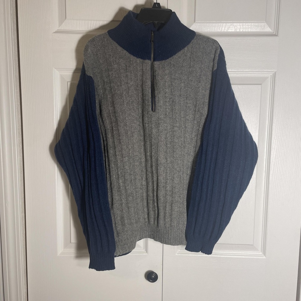 Jeanswest Sweater Mens Large Gray Blue Half Zip Mock Neck Shetland Wool Ribbed‎
